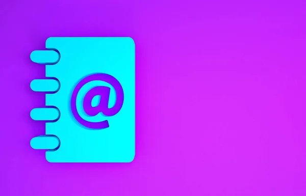 Blue Address book icon isolated on purple background. Notebook, address, contact, directory, phone, telephone book icon. Minimalism concept. 3d illustration 3D render