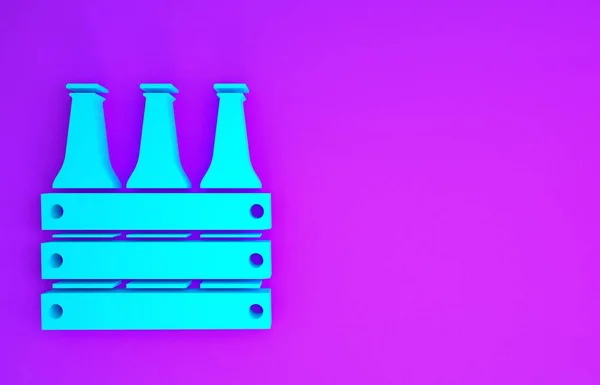 紫色の背景に分離されたビールボトルのアイコンのブルーパック 木製の箱とビールボトル ビール箱の看板を作成します 最小限の概念 3Dイラスト3Dレンダリング — ストック写真