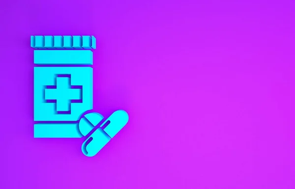 Blue Medicine bottle and pills icon isolated on purple background. Bottle pill sign. Pharmacy design. Minimalism concept. 3d illustration 3D render