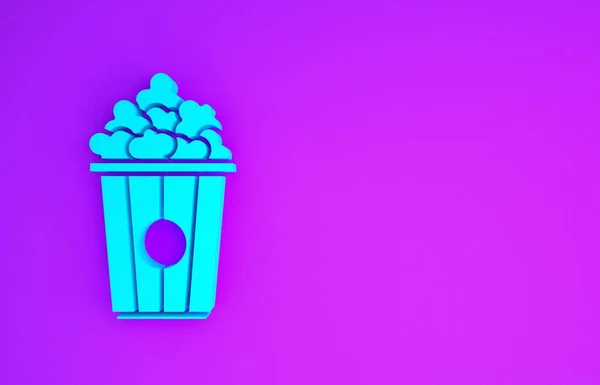 蓝色爆米花在纸盒图标孤立在紫色背景 爆米花桶最低纲领的概念 3D渲染3D插图 — 图库照片