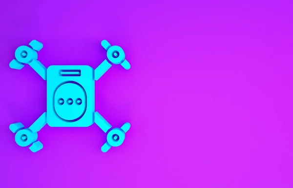 Blue Drone flying with action video camera icon isolated on purple background. Quadrocopter with video and photo camera symbol. Minimalism concept. 3d illustration 3D render
