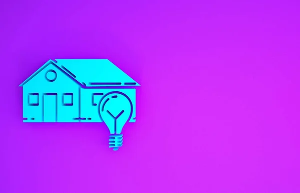 Blue Smart house and light bulb icon isolated on purple background. Minimalism concept. 3d illustration 3D render
