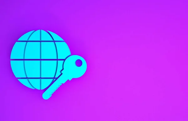 Blue Globe Schlüsselsymbol Isoliert Auf Violettem Hintergrund Minimalismus Konzept Illustration — Stockfoto