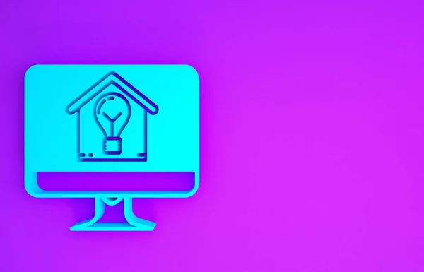 스마트 하우스와 보라색 배경에 아이콘이 컴퓨터 모니터입니다 최소성 일러스트 렌더링 — 스톡 사진