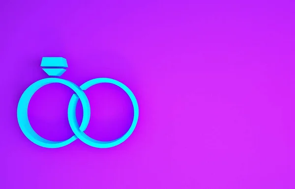 Blue Wedding rings icon isolated on purple background. Bride and groom jewelery sign. Marriage icon. Diamond ring icon. Minimalism concept. 3d illustration 3D render