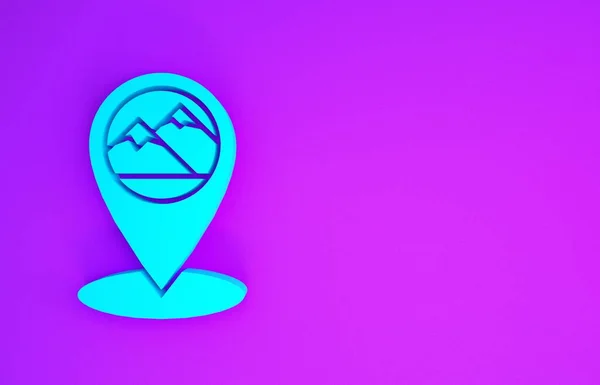 山のアイコンが紫色の背景に隔離されたブルーマップポインタ 山の旅行アイコン 最小限の概念 3Dイラスト3Dレンダリング — ストック写真
