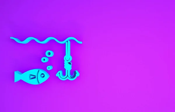 魚のアイコンが紫色の背景に隔離された水の下のブルーフィッシングフック 釣りに取り組む 最小限の概念 3Dイラスト3Dレンダリング — ストック写真