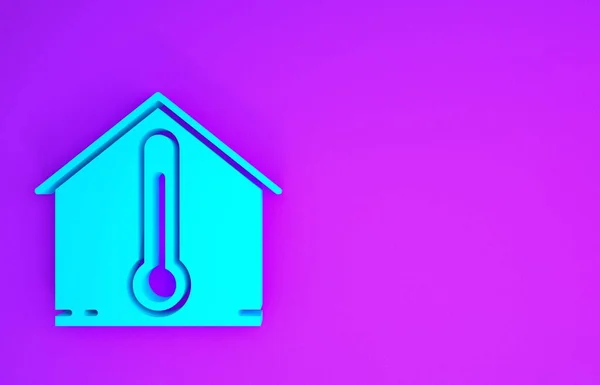 파란색 하우스 아이콘은 보라색 배경에 분리되어 있습니다 온도계 아이콘 최소성 — 스톡 사진