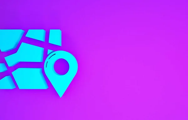 Blue Folded map with location marker icon isolated on purple background. Minimalism concept. 3d illustration 3D render