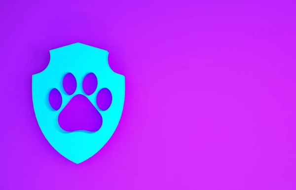 Blue Animal health insurance icon isolated on purple background. Pet protection icon. Dog or cat paw print. Minimalism concept. 3d illustration 3D render