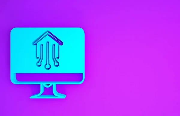 Blue Computer Monitor Met Smart Home Icoon Geïsoleerd Paarse Achtergrond — Stockfoto