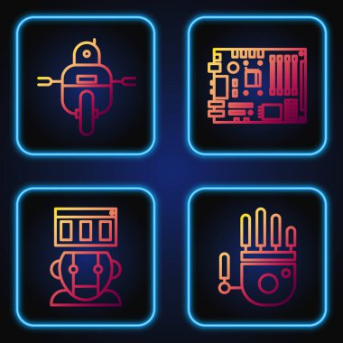 Hat mekanik robot eli, robot, robot ve elektronik bilgisayar parçaları ana kart dijital çipi ayarlayın. Renk simgeleri. Vektör