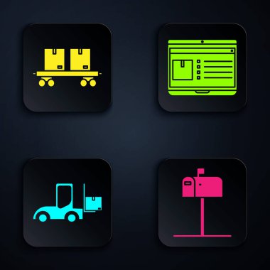 Açık posta kutusunu, tren vagonunu, forklift kamyonunu ve laptop 'u uygulama teslimat takibi ile ayarla. Siyah kare düğme. Vektör