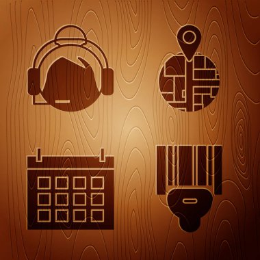 Tarayıcı tarama barkodu, iletişim operatörü, Takvim ve Yer Tutucu 'yu tahta arkaplan perspektifinde harita kağıdına yerleştir. Vektör