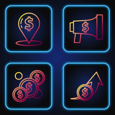 Finansal büyüme ve madeni para, dolarla madeni para, nakit lokasyon iğnesi, megafon ve dolar. Renk simgeleri. Vektör