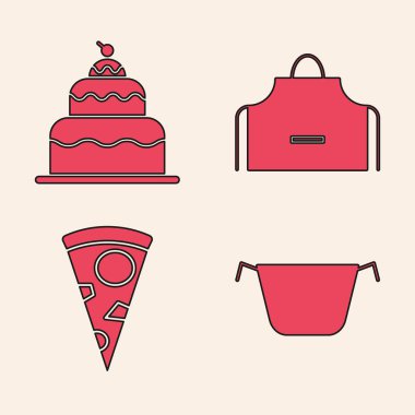 Yemek tenceresi, pasta, mutfak önlüğü ve pizza ikonu hazırla. Vektör