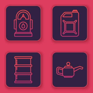 Petrol ya da benzin istasyonu, varil yağı benzin bidonu ve motor yağı için teneke kutu ayarlayın. Mavi kare düğme. Vektör