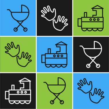 Hattı ayarla Bebek arabası, oyuncak tren ve Bebek Elleri baskı ikonu. Vektör