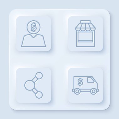 İş adamlarının zihin planlaması, alışveriş binası ya da market, Paylaş ve Zırhlı Araç. Beyaz kare düğme. Vektör