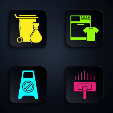 Elektrik süpürgesini, çöp tenekesini, ıslak zemini, temizliği, çamaşır makinesini ve tişörtü hazırla. Siyah kare düğme. Vektör