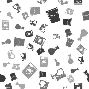 Kova, plastik şişeler sıvı bulaşık deterjanı, çöp torbası ve çamaşır makinesini kusursuz desenlere ayarlayın. Vektör