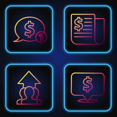 Konuşma baloncuğunu dolarla, büyüme grafiğiyle ve kalabalıktaki ilerlemeyle dolar ve finans haberleriyle doldurun. Renk simgeleri. Vektör