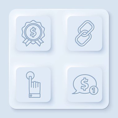 Fiyat etiketini dolar, zincir halkası, el dokunuşu ve dokunuş hareketi ve dolar ile konuşma baloncuğu ile ayarla. Beyaz kare düğme. Vektör