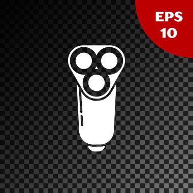 Beyaz Elektrikli tıraş bıçağı, saydam karanlık arka planda izole edilmiş erkek simgesi için. Elektrikli tıraş makinesi. Vektör İllüstrasyonu