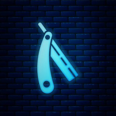 Parlayan neon renkli ustura simgesi tuğla duvar arkasında izole edilmiş. Berber dükkanı sembolü. Vektör İllüstrasyonu