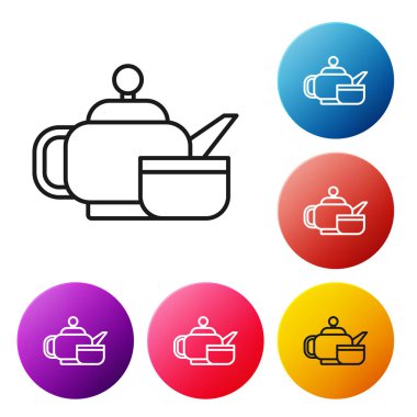 Siyah çizgi geleneksel Japon çay töreni ikonu beyaz arka planda izole edilmiş. Fincanlı çaydanlık. Renkli daire düğmelerini ayarlayın. Vektör İllüstrasyonu