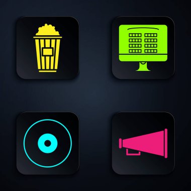 Megaphone, karton kutuda patlamış mısır, CD veya DVD CD ve sinema bileti al. Siyah kare düğme. Vektör