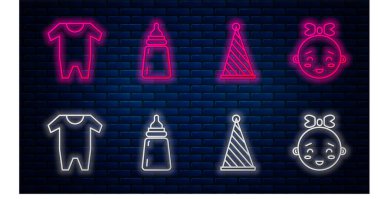 Set hattı Bebek Şişesi, Parti şapkası, Bebek kıyafetleri ve Mutlu küçük kız kafası. Tuğla duvarda parlayan neon simgesi. Vektör