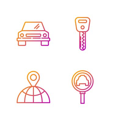 Hat büyüteç ve taksi arabası, dünyanın konumu, araba ve araba anahtarı. Renk simgeleri. Vektör