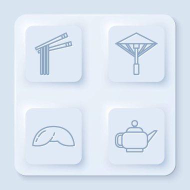 Sıralı Asya erişteleri, çubuklar, güneşten Japon şemsiyesi, Çin fal kurabiyesi ve Japon çay seremonisi. Beyaz kare düğme. Vektör