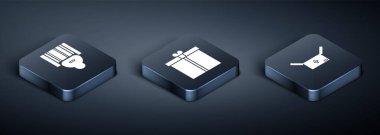 Isometric Tarayıcı barkodu, trafik sembollü karton kutu ve hediye kutusu simgesini ayarla. Vektör