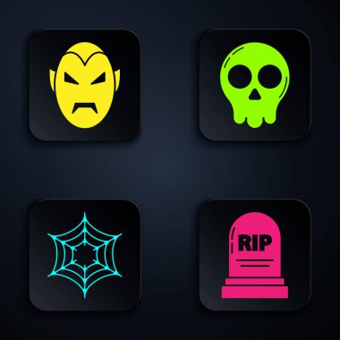 Tombstone 'u Rip, Vampire, Spider Web ve Skull ile ayarla. Siyah kare düğme. Vektör
