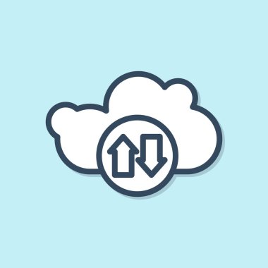 Mavi çizgi Bulut indirme ve yükleme simgesi mavi arkaplanda izole edildi. Vektör İllüstrasyonu