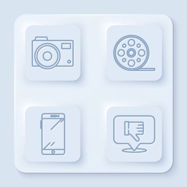 Foto kamera, film makarası, akıllı telefon, cep telefonu ve konuşma balonunda sevmeme ayarlayın. Beyaz kare düğme. Vektör