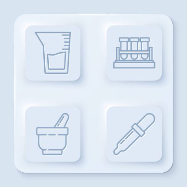 Laboratuvar cam veya deney tüpü, test tüpü ve matara kimyasalı, havan topu, tokmak ve Pipette 'i ayarlayın. Beyaz kare düğme. Vektör