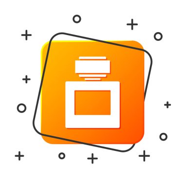 Beyaz Arka plan da yalıtılmış beyaz Aftershave simgesi. Köln sprey simgesi. Erkek parfüm şişesi. Turuncu kare düğme. Vektör İllüstrasyonu