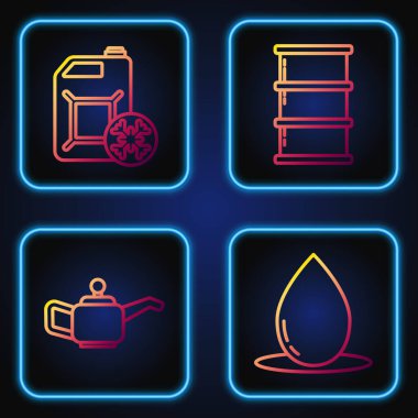 Yağ damlası, motor yağı için teneke kutu, antifriz kutusu ve varil yağı ayarlayın. Renk simgeleri. Vektör