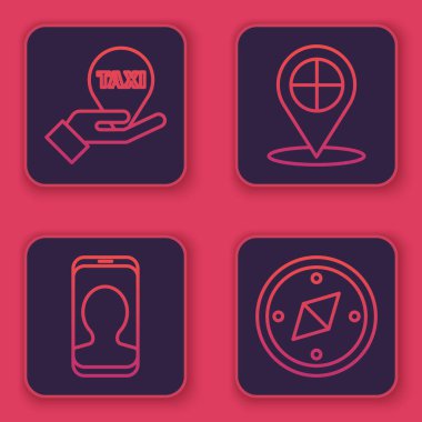 El 'i harita işaretçisine taksiyle, Taksi' yi telefonla, harita işaretçisini taksiyle ve pusulayla yerleştir. Mavi kare düğme. Vektör