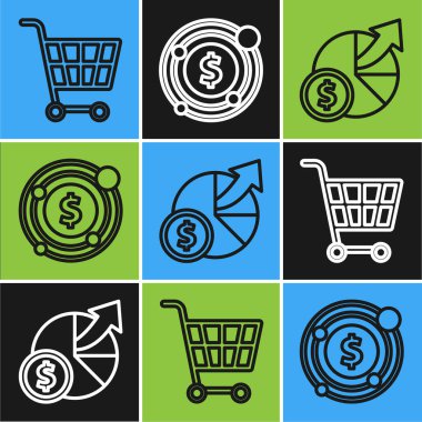 Alışveriş arabası, para ve diyagram grafiği ve dolar sembollü hedef alın. Vektör
