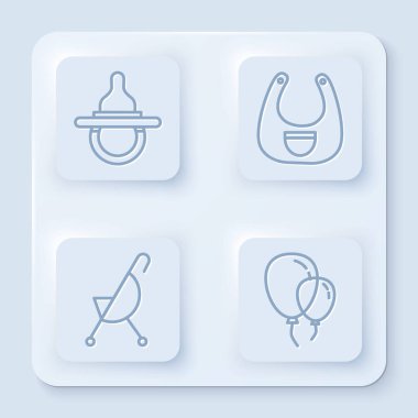 Çizgi bebek emziği, bebek önlüğü, bebek arabası ve kurdeleli balonlar. Beyaz kare düğme. Vektör