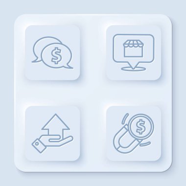 Konuşma baloncuğunu dolarla, online alışveriş konseptiyle, elde para ve paralı mıknatıs ile ayarla. Beyaz kare düğme. Vektör