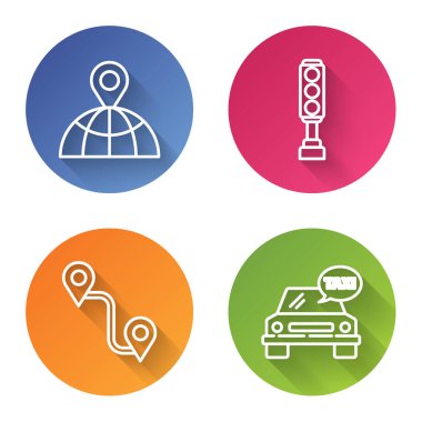 Hat konumunu, trafik ışığını, güzergahı ve taksi arabasını ayarlayın. Renkli daire düğmesi. Vektör