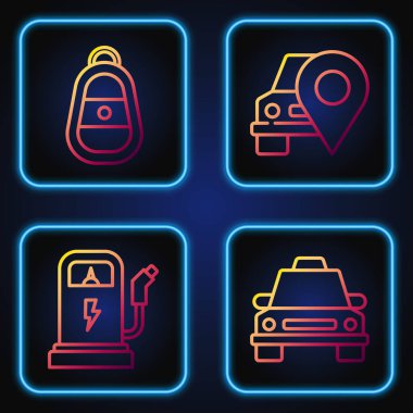 Taksi hattı, elektrikli araba şarj istasyonu uzaktan kumandalı araba anahtarı ve taksili harita işaretleyici. Renk simgeleri. Vektör