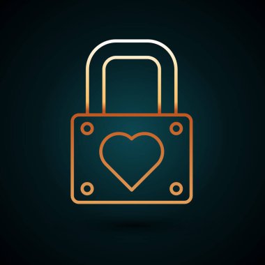 Altın çizgili kilit ve kalp ikonu koyu mavi arka planda izole edildi. Kilitli Kalp. Aşk sembolü ve anahtar deliği işareti. Sevgililer Günü sembolü. Vektör İllüstrasyonu