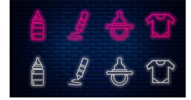 Çizim için balmumu boya kalemi, bebek emziği, bebek tulumu ve bebek tulumu. Tuğla duvarda parlayan neon simgesi. Vektör