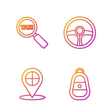 Hat anahtarını uzaktan kumandayla, harita işaretçisini taksiyle büyüteçle, taksi arabasıyla ve direksiyonla ayarla. Renk simgeleri. Vektör